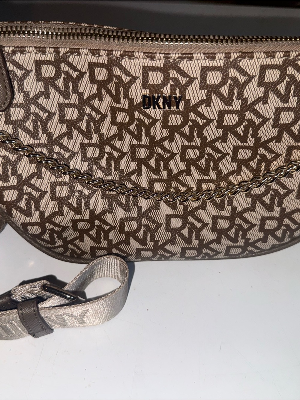 DKNY Beige and Brown Logo with Gold Chain